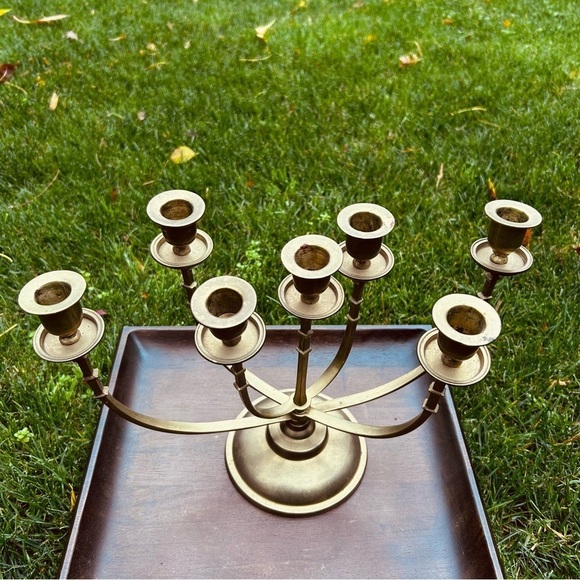 Vintage Solid Brass Mid Century Candelabra  | Menorah 7 Arm Candle Holder - Picture 5 of 9